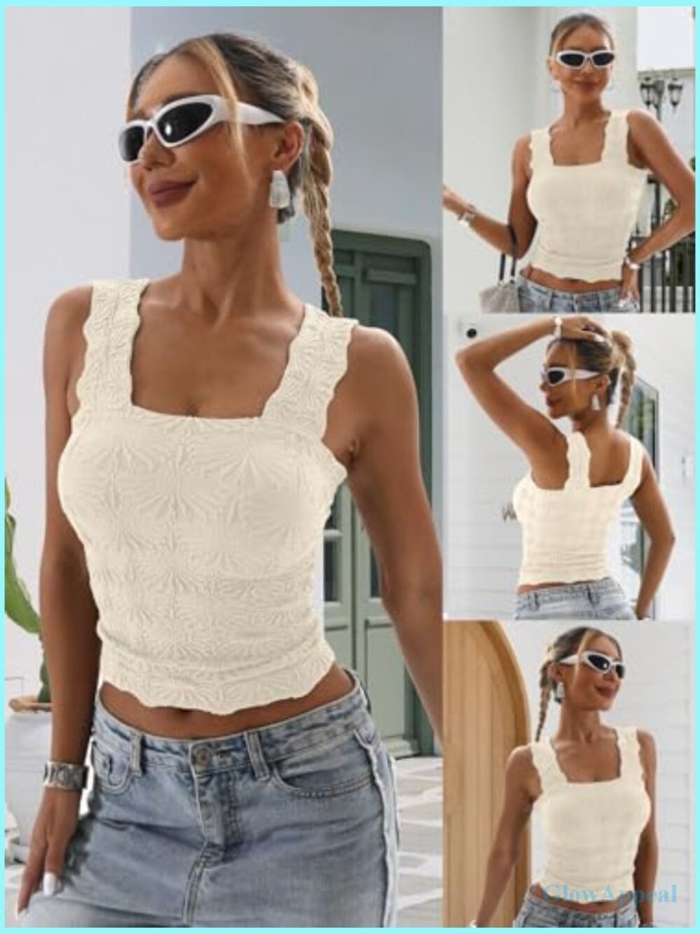 Slim Fit Square Neck Crop Tank Top Floral Jacquard Lettuce Trim Sleeveless Cami - Picture 6 of 6